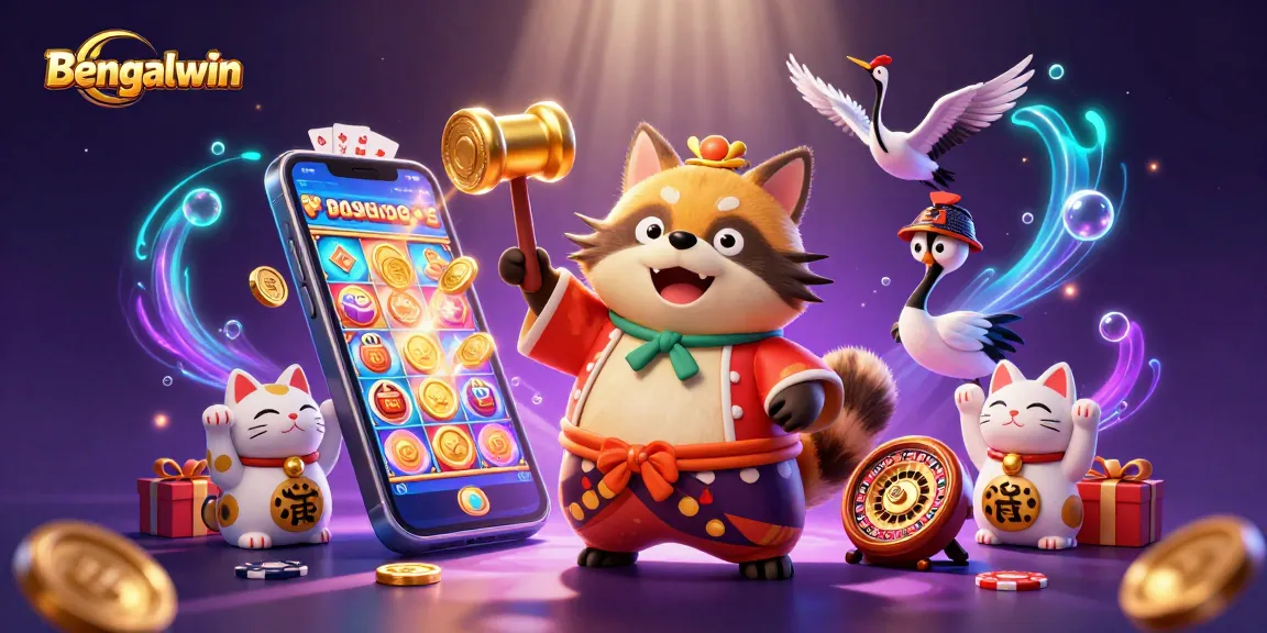 Bengalwin casino features a cheerful tanuki and a crane with gaming elements, symbolizing fun and rewards.