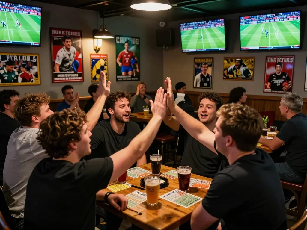 F168 fans celebrating their sports betting win in a lively sports bar atmosphere