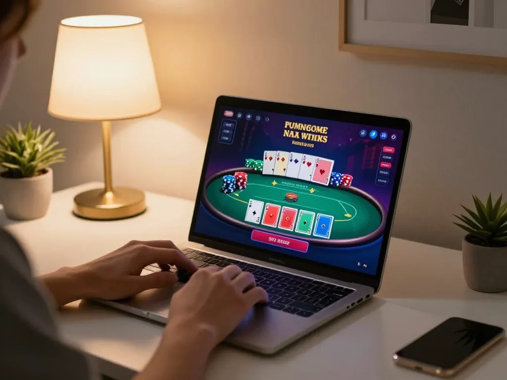Engage with luck88com while playing poker online on a stylish laptop setup.