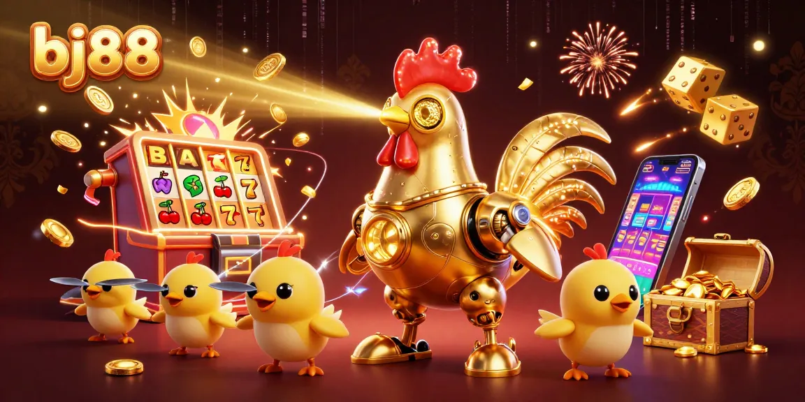 Bettors explore bj88 with a golden rooster robot and vibrant casino elements exploding with excitement.