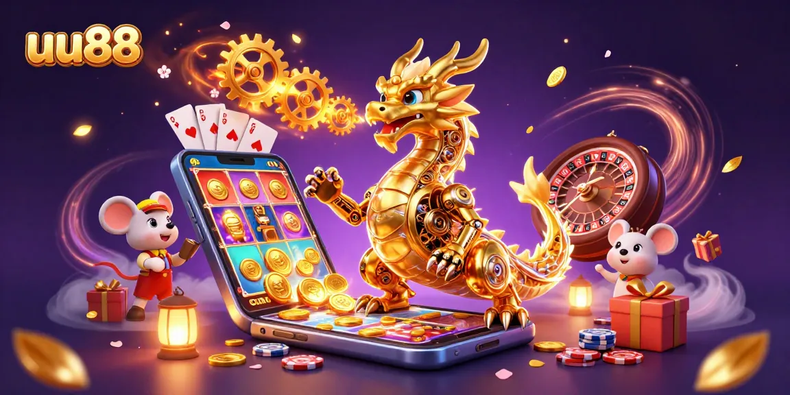 Play immersive games on uu88 with 3D virtual elements, a dragon and engineer surrounded by slots and cards.