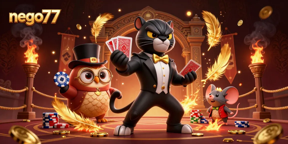 Engage with nego77's lively scene featuring a stylish panther and charming characters in a vibrant casino atmosphere.