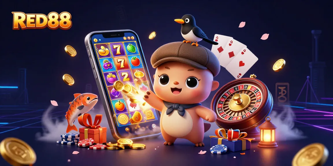 Spin for winnings at RED88 with vibrant 3D illustration featuring a cartoon Nessie and casino elements.