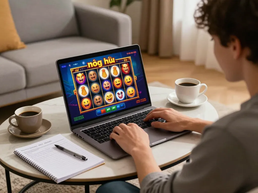 Player enjoying nổ hũ on a laptop at home, showcasing a lively online gaming session with slot reels spinning.