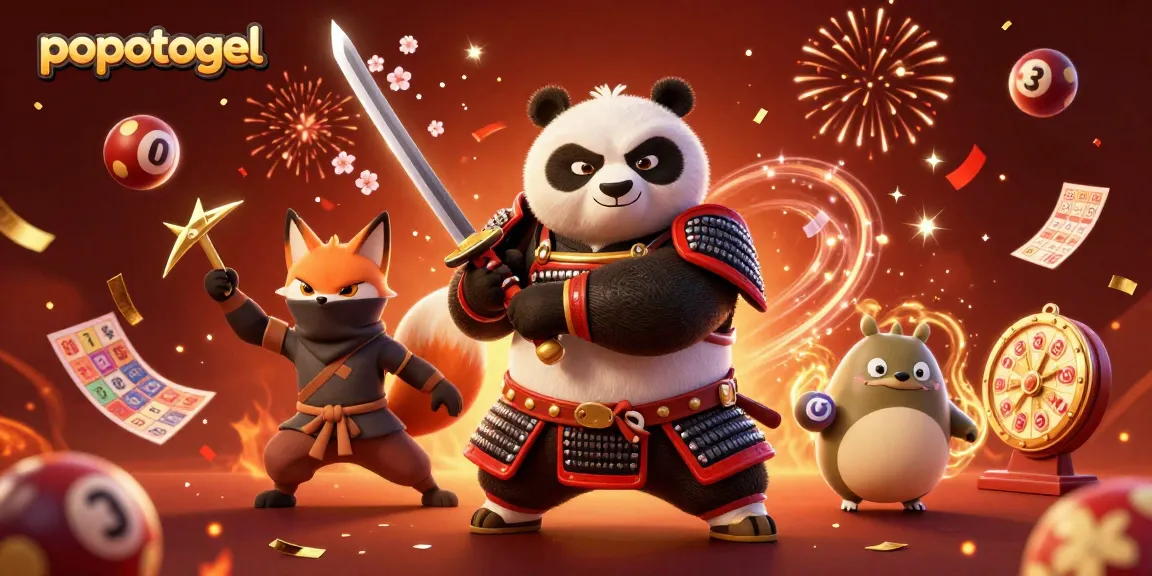Engage with popotogel in this lively 3D illustration depicting samurai panda and ninja fox celebrating lottery wins.