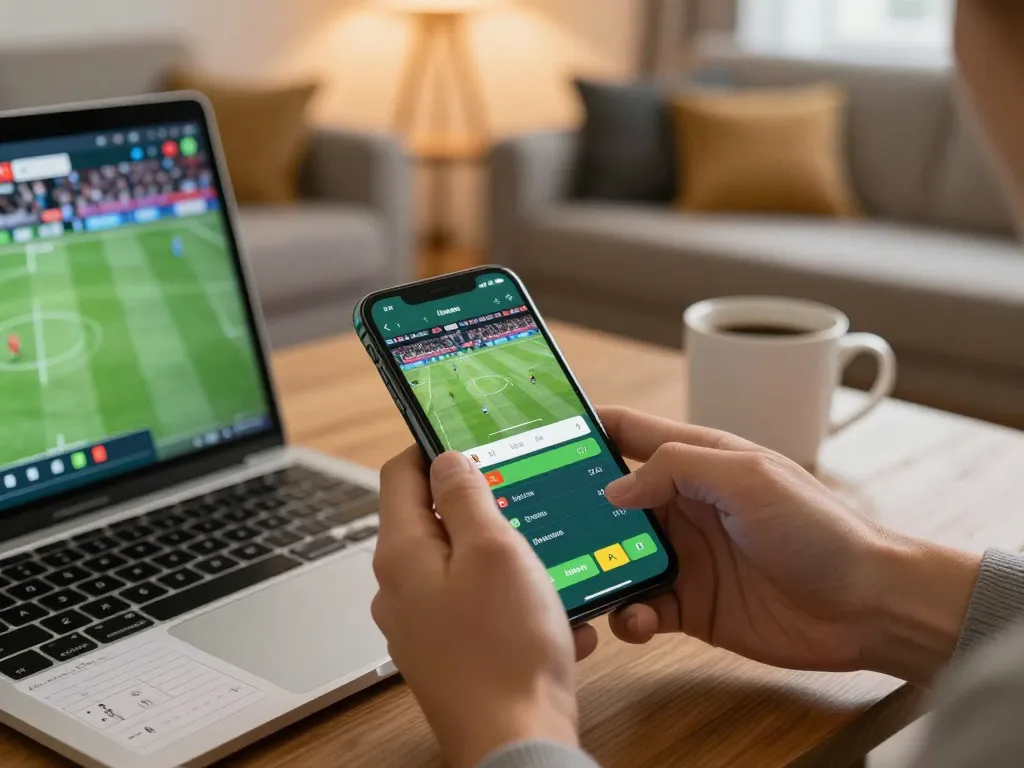 Betting on sports through a smartphone app in a cozy setting, highlighting responsible gambling with sc88 strategies