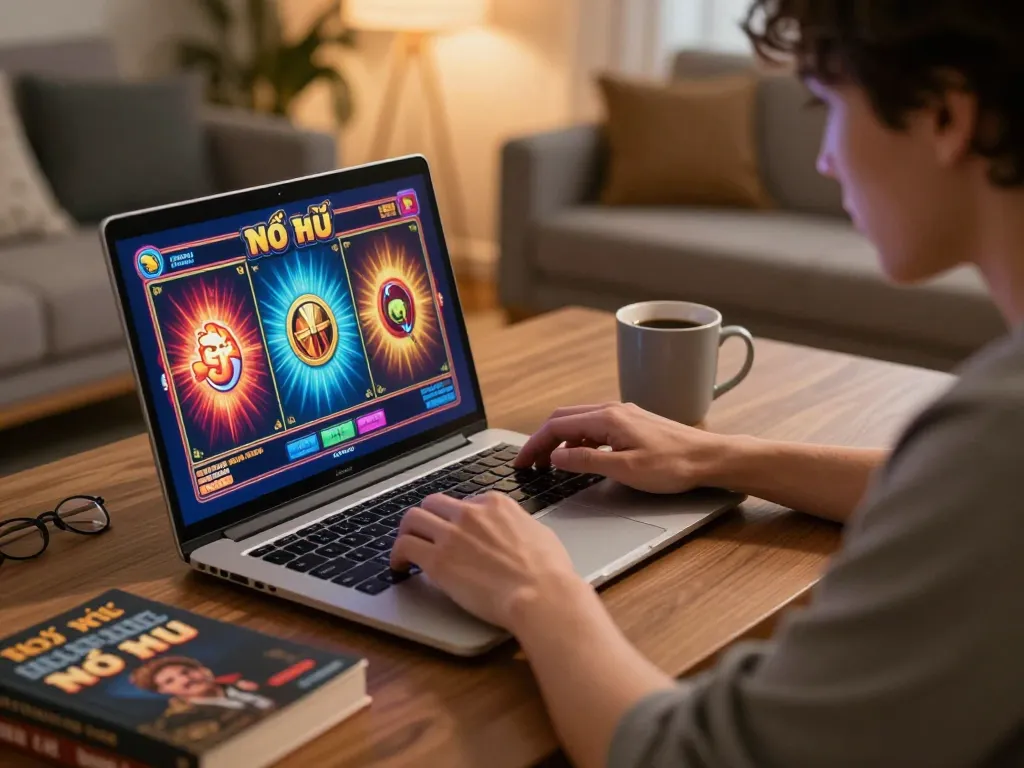 Engaging in nổ hũ online slots gameplay on a laptop in a cozy setting.