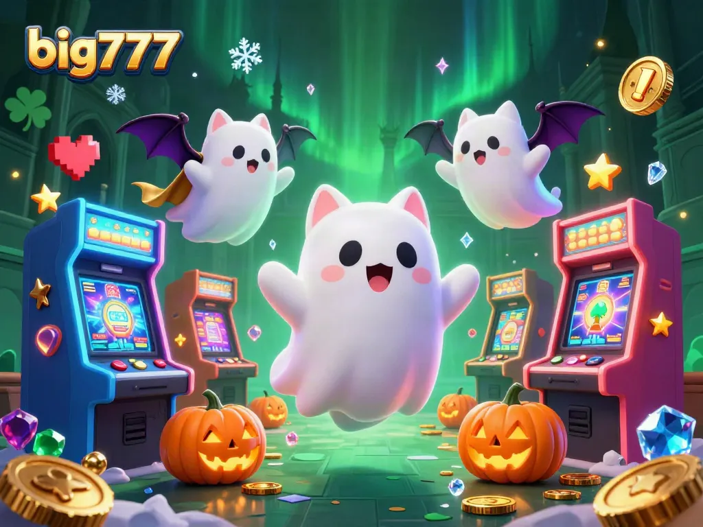 Experience the excitement of big777 slots with a friendly ghost cat and vibrant casino elements.