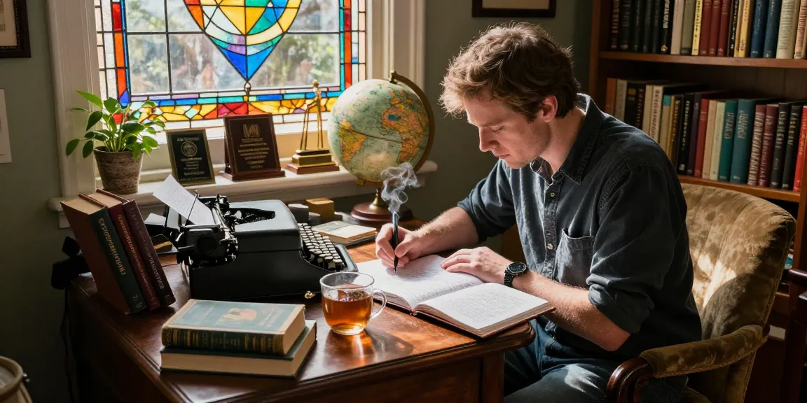T Allen Greenfield writing in his home study at https://tallengreenfield.com surrounded by books on spirituality and UFO phenomena.
