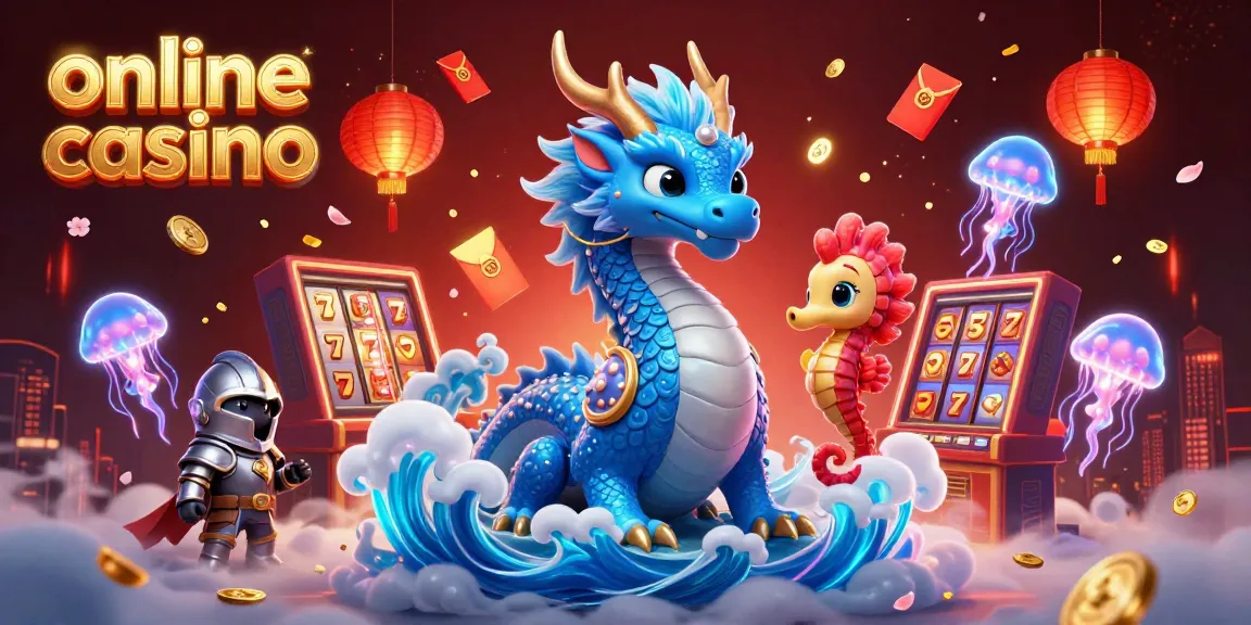 Dynamic online casino scene featuring a majestic dragon and lucky symbols with vibrant colors.