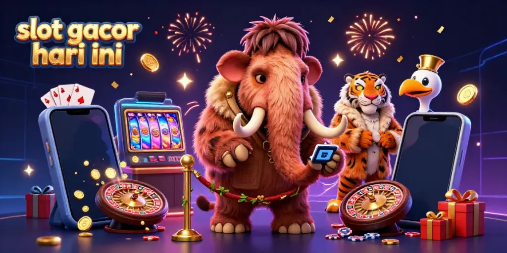 Experience the excitement of slot gacor hari ini with colorful slot games, bouncers, and confetti in a vibrant scene.