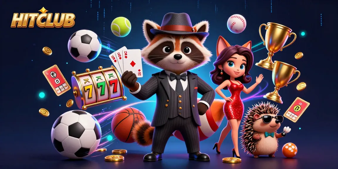 Win big at HITCLUB with a charming raccoon and fox celebrating the royal flush in a vibrant casino scene.