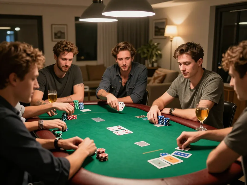 Players engaging in strategic poker gameplay at home, showcasing gen-e on cards and chips.