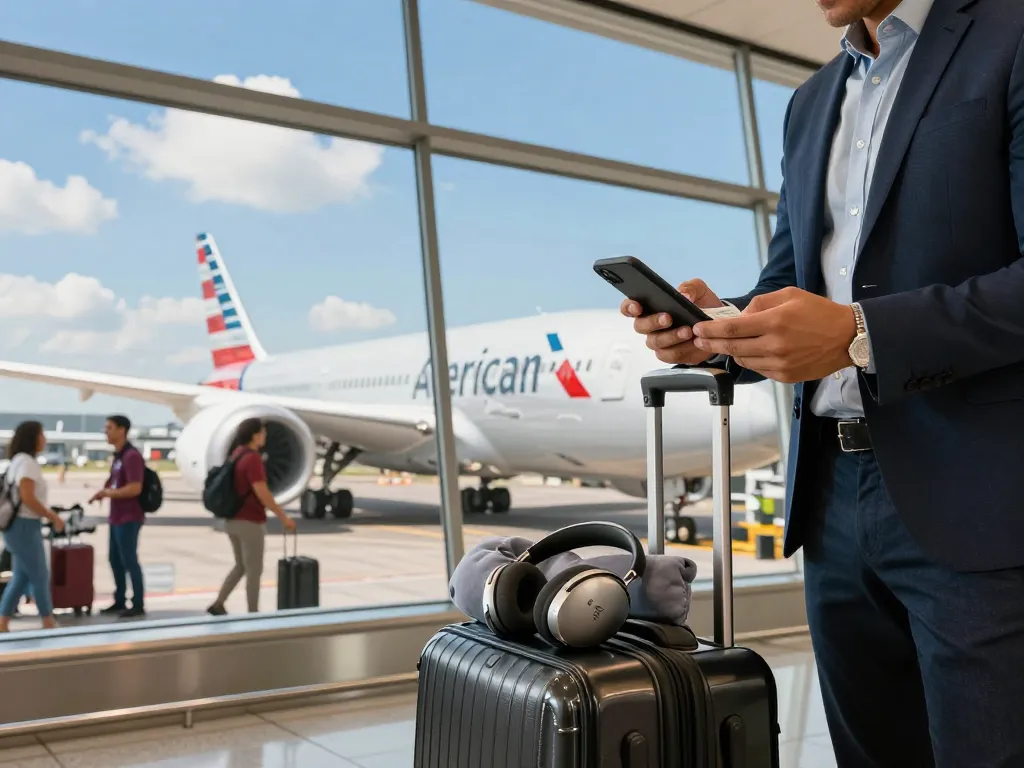Business traveler at airport preparing to board American Airlines 789P, showcasing excitement and modern travel.