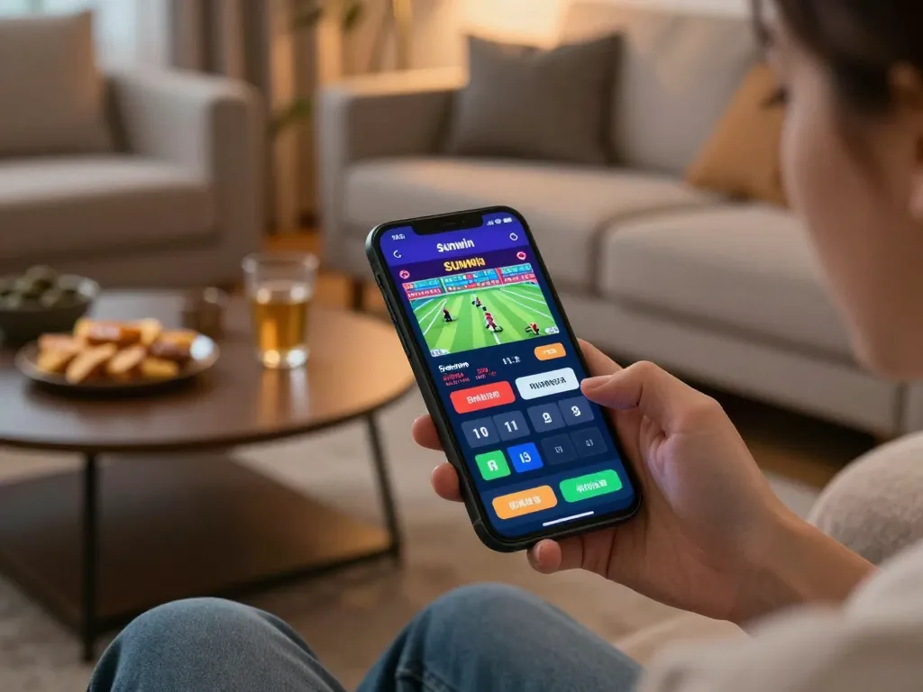 Engaging with the Sunwin app for online betting in a cozy living room setting