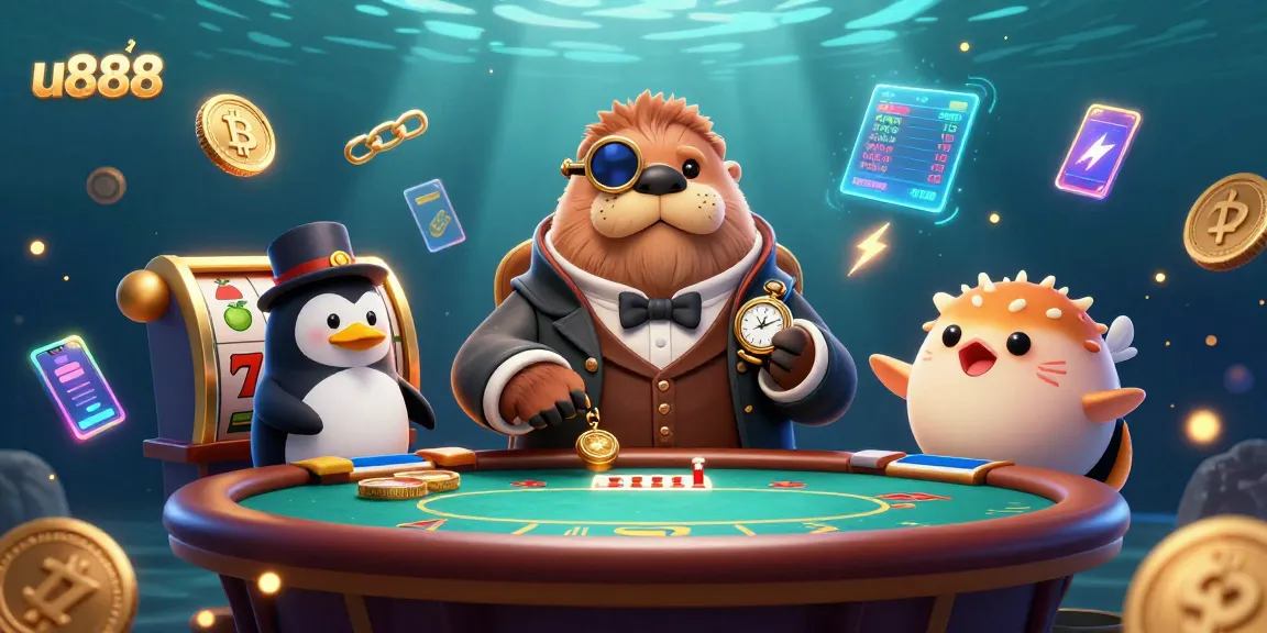 Engage in thrilling u888 action at an underwater poker scene with vibrant characters.