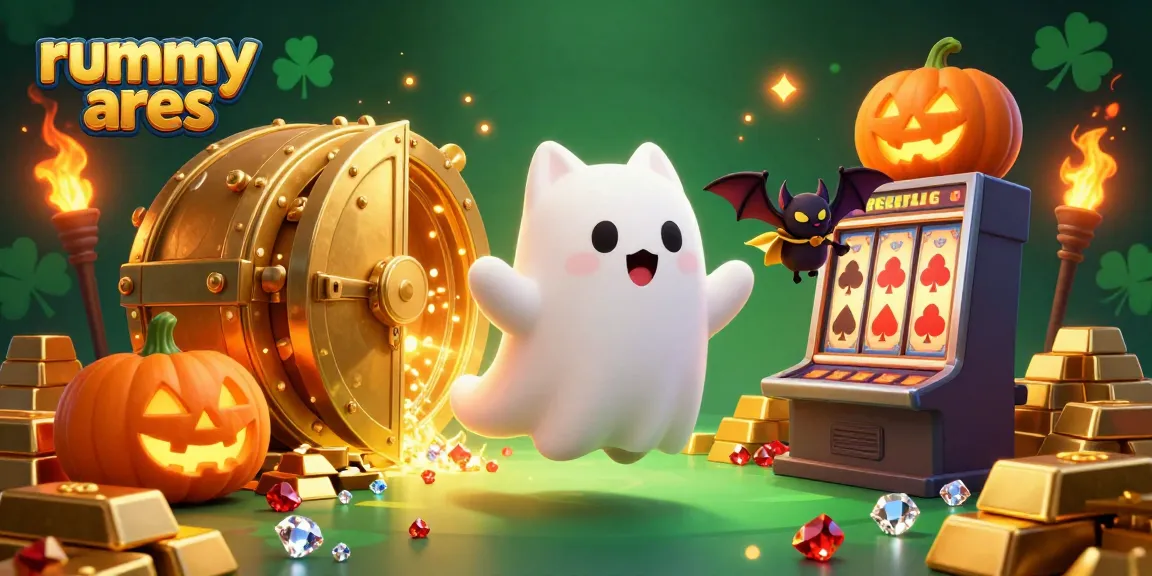 Engage in thrilling rummy gameplay with rummy ares as a ghost cat and bat explore a vibrant casino.