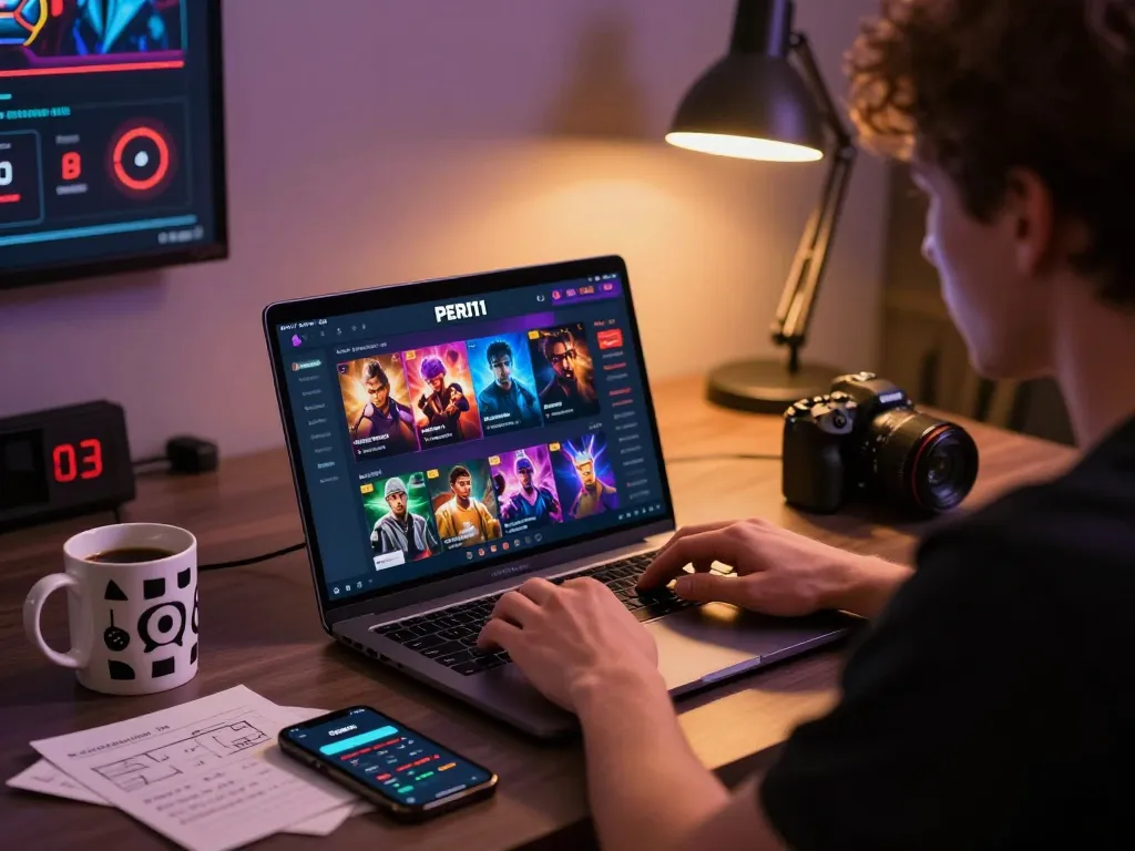 Player engaging with PERI11 online casino gaming interface on laptop, showcasing responsible gaming atmosphere.