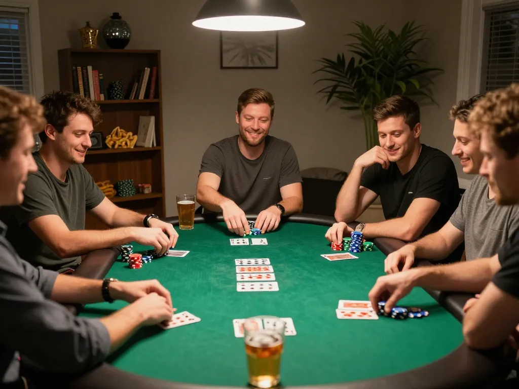 Engaged players enjoying an exciting poker game on Pokerseri with vibrant chips and cards.