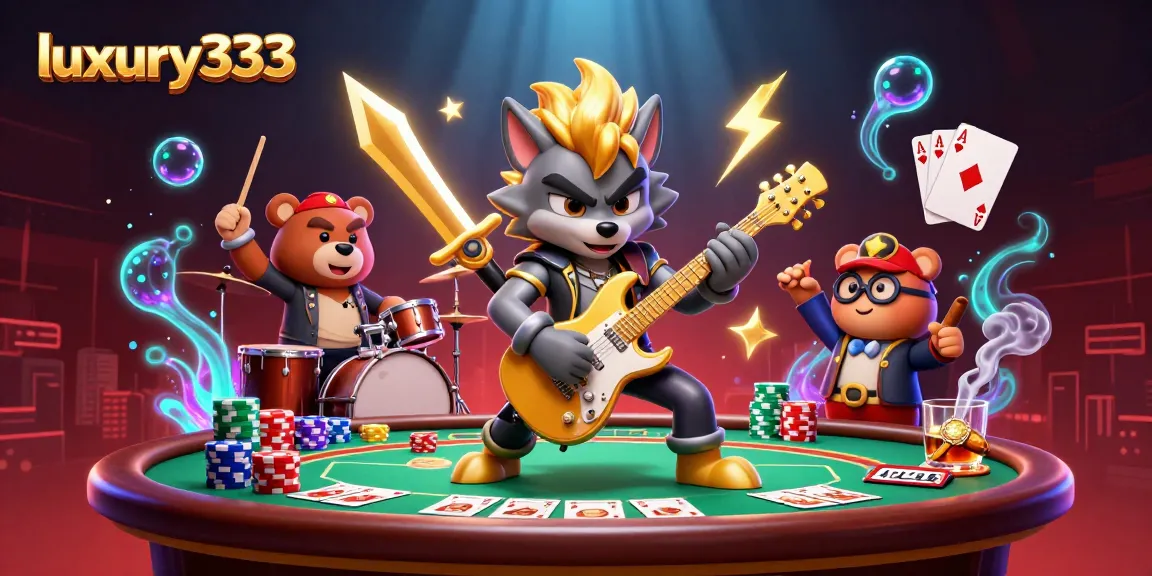 Gambarkan permainan poker menarik luxury333 dengan serigala berbintang dan beruang drummer di panggung kasino.