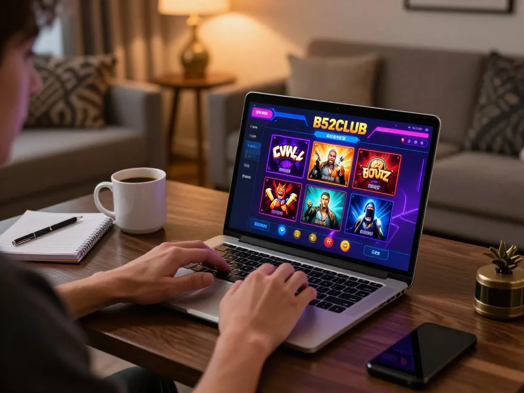 B52club player engaging with an online game interface in a cozy home setup