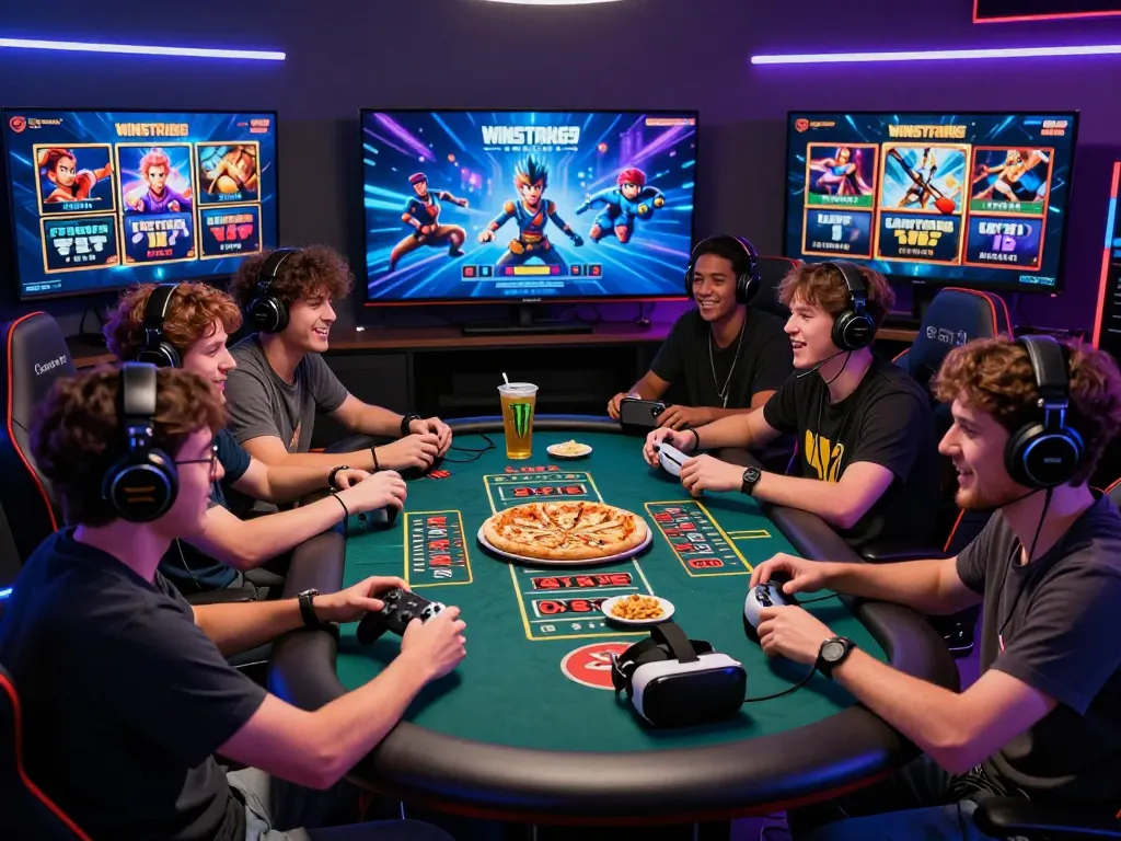 Friends enjoying gaming sessions on Winstrike69 platform, featuring vibrant atmosphere and interactive gear.