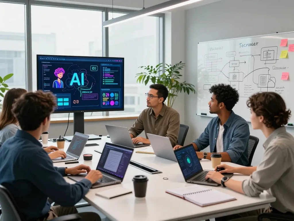 Diverse team working on AI project showcasing juicy ai algorithms in a vibrant digital workspace.