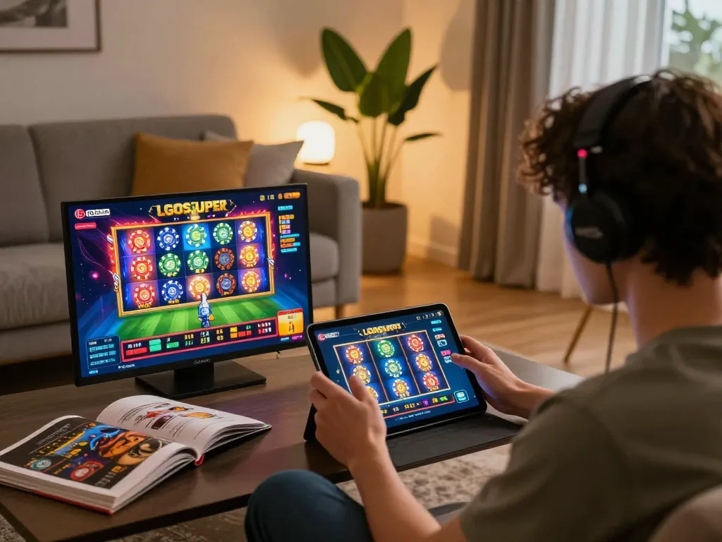 Intense player engages with LGOSUPER gaming app on tablet in modern living room setup.