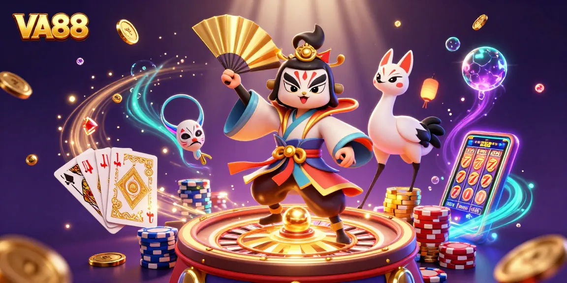 VA88 gambling scene illustrating a kabuki warrior crane, kitsune mask, and overflowing coins in a vibrant casino