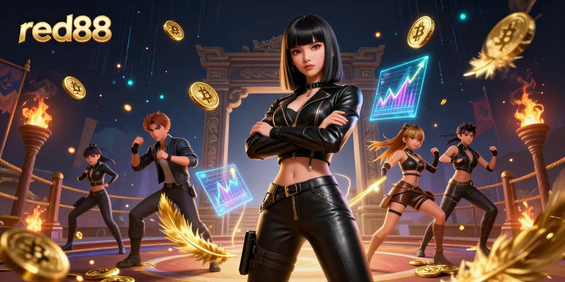 Engage with red88's vibrant casino gaming scene featuring a stunning Asian woman amidst dynamic elements.