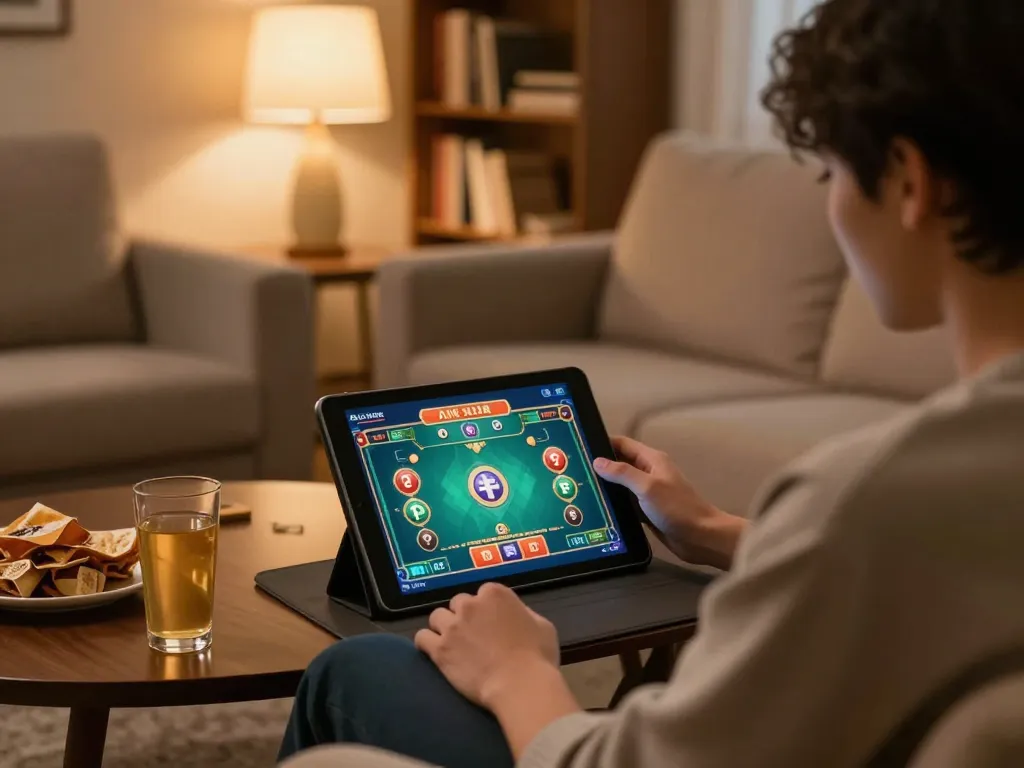 Playing tai xiu online on a tablet during a cozy home gaming session with snacks