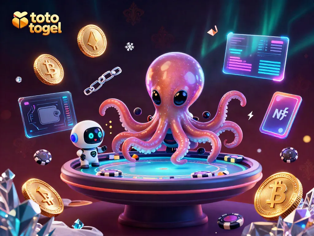Engage in thrilling toto togel gameplay with an otherworldly octopus dealer and robotic companion amidst vibrant casino elements.