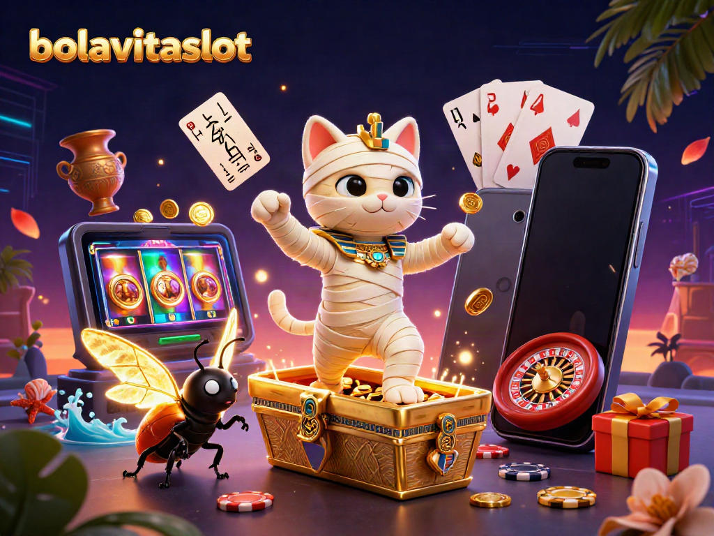 Engage in thrilling jackpots at bolavitaslot with a dynamic scene of cartoon characters and casino games.