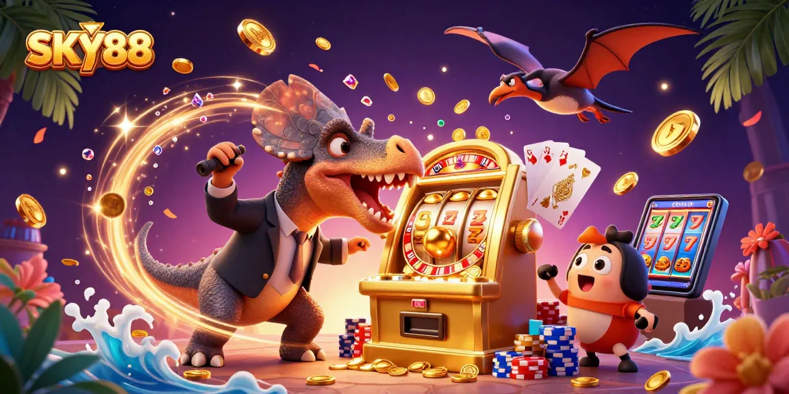 Experience the thrill of winning with SKY88 as a dinosaur interacts with a jackpot slot.