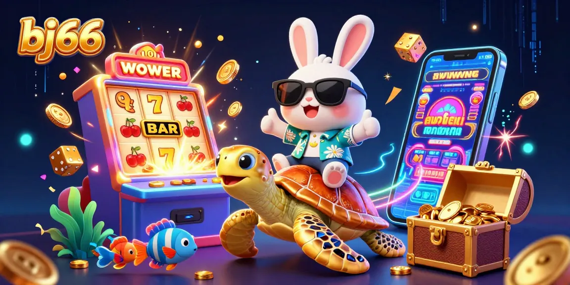 Experience thrilling fun at bj66 with our exciting cartoon illustration featuring lucky characters and casino elements.