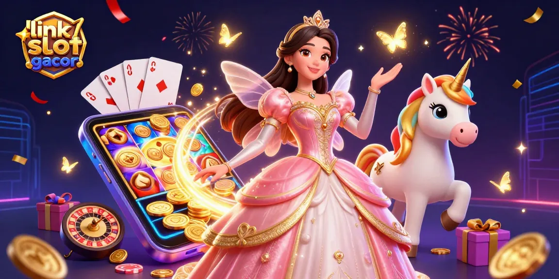 Engage with thrilling games at link slot gacor, featuring a vibrant 3D casino scene with slot reels and golden coins.