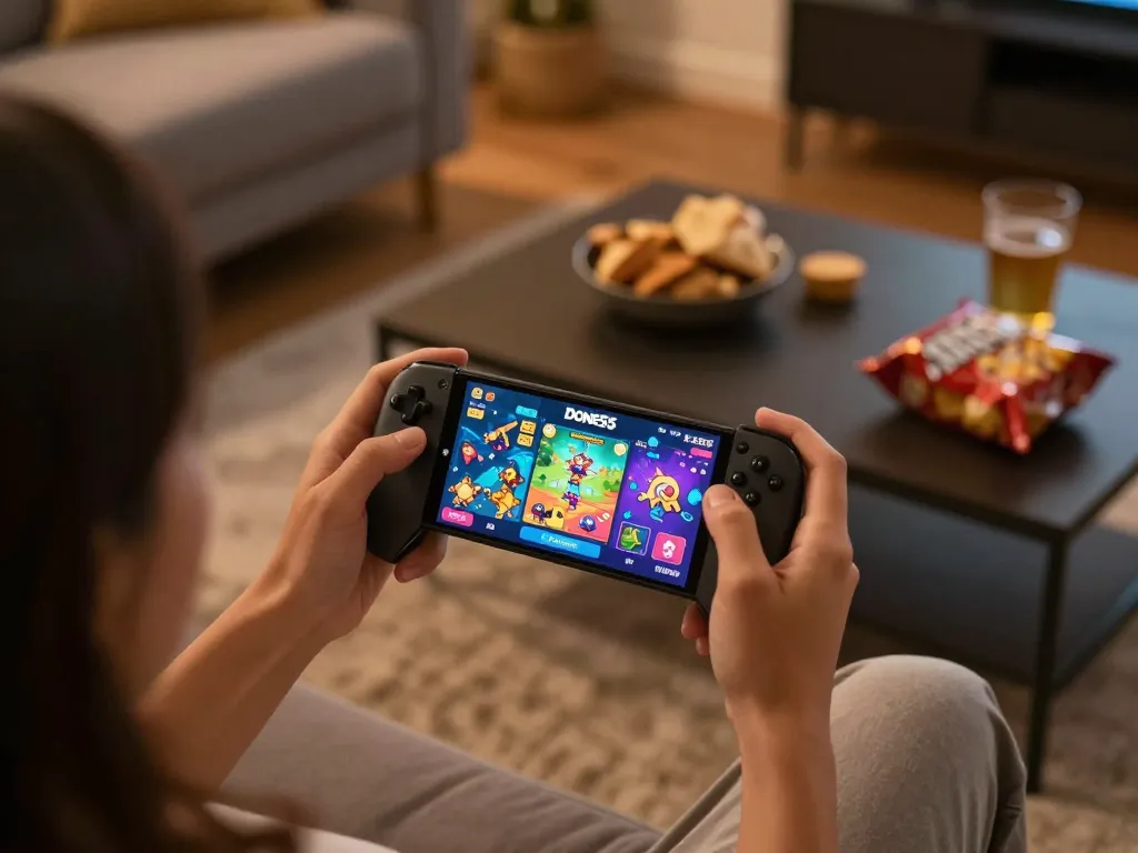 Engaging scene of a player using done55 app on smartphone, vibrant game interface displayed