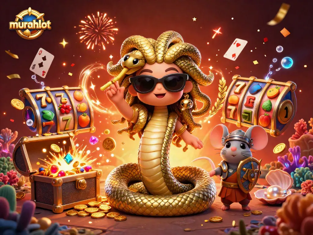 Menangkan jackpot bersama murahslot dalam ilustrasi kasino yang penuh warna dan karakter menarik.