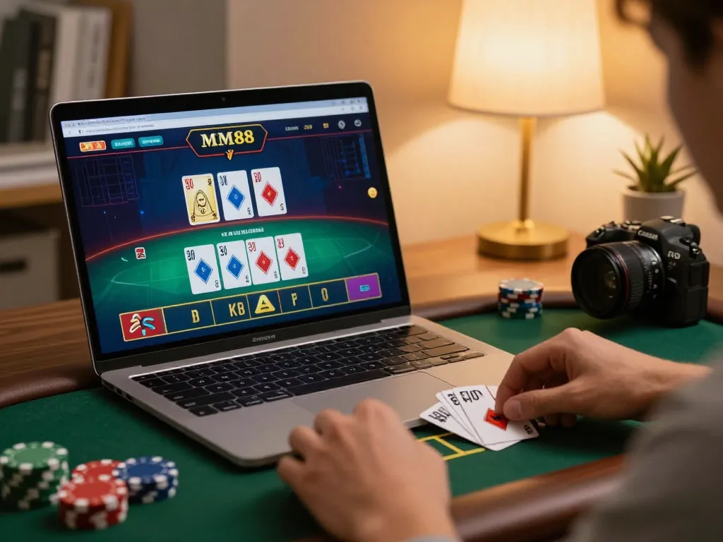 Player engaging in live dealer blackjack on MM88 platform, hands placing bets with cards visible.