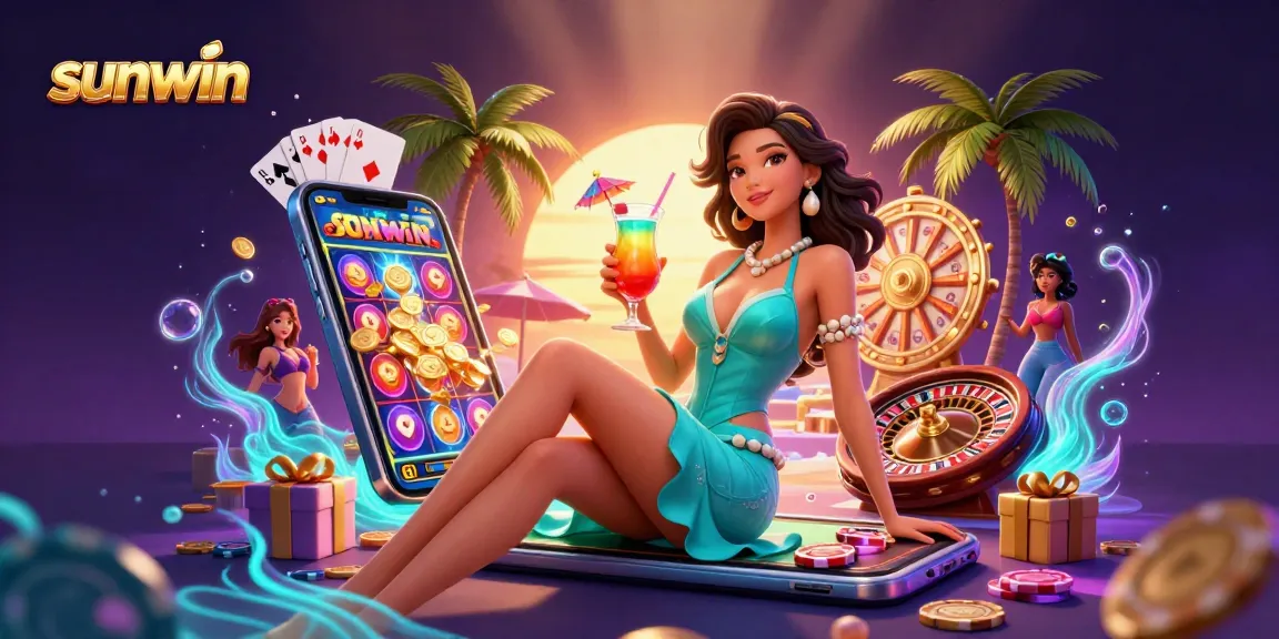 Play exciting casino games at sunwin with stunning visuals of a glamorous woman enjoying a tropical setting.