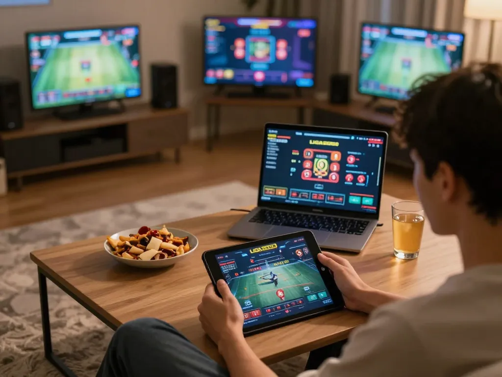 LIGA2000 online gaming session with a player focused on tablet in a cozy atmosphere
