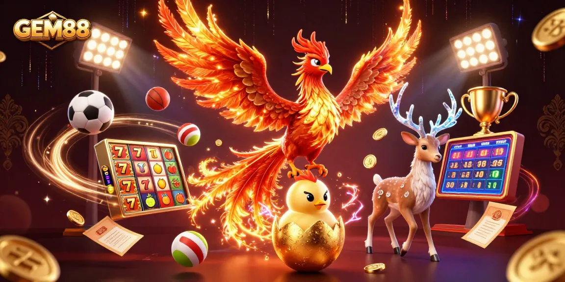 Engage in winning action with GEM88, where a fiery phoenix represents thrilling casino gameplay.