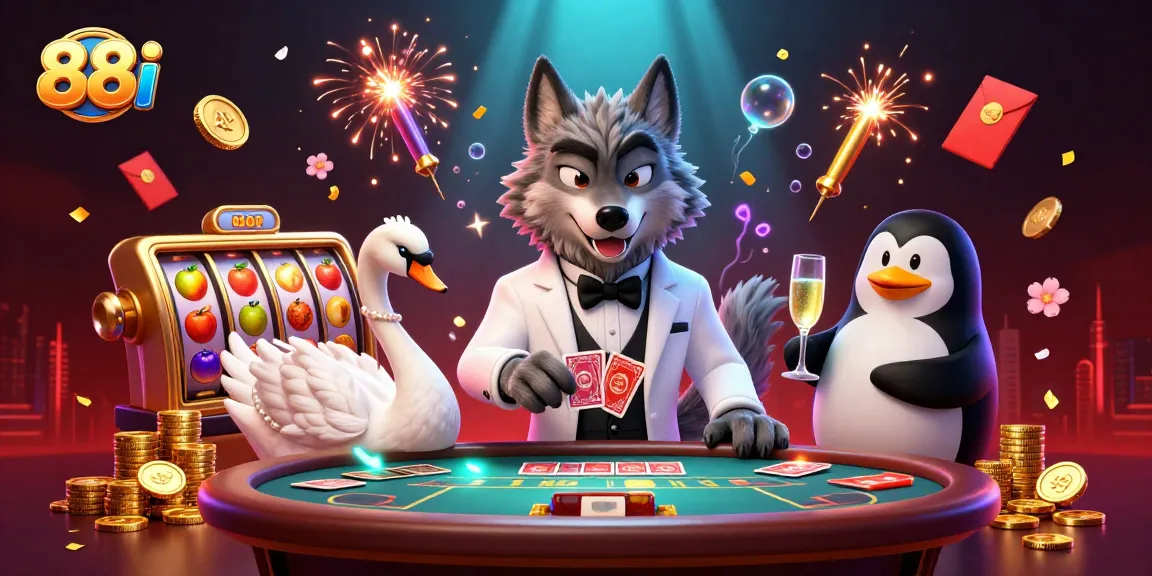 Engage with the world of 88 i online casino through an exciting 3D illustration showcasing casino characters and sparkling jackpot elements.