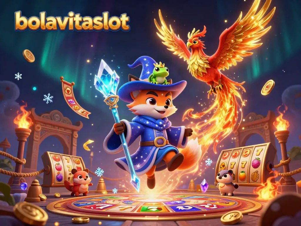 Experience exciting gameplay at bolavitaslot with a mesmerizing wizard fox and phoenix in a vibrant casino scene.