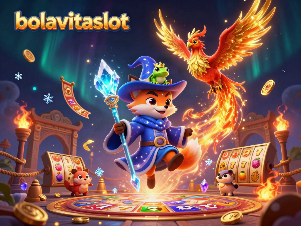 Experience exciting gameplay at bolavitaslot with a mesmerizing wizard fox and phoenix in a vibrant casino scene.