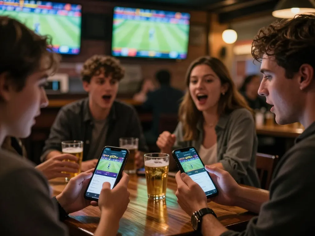 Person placing bets on the g28tv mobile app amidst the excitement of a sports bar.