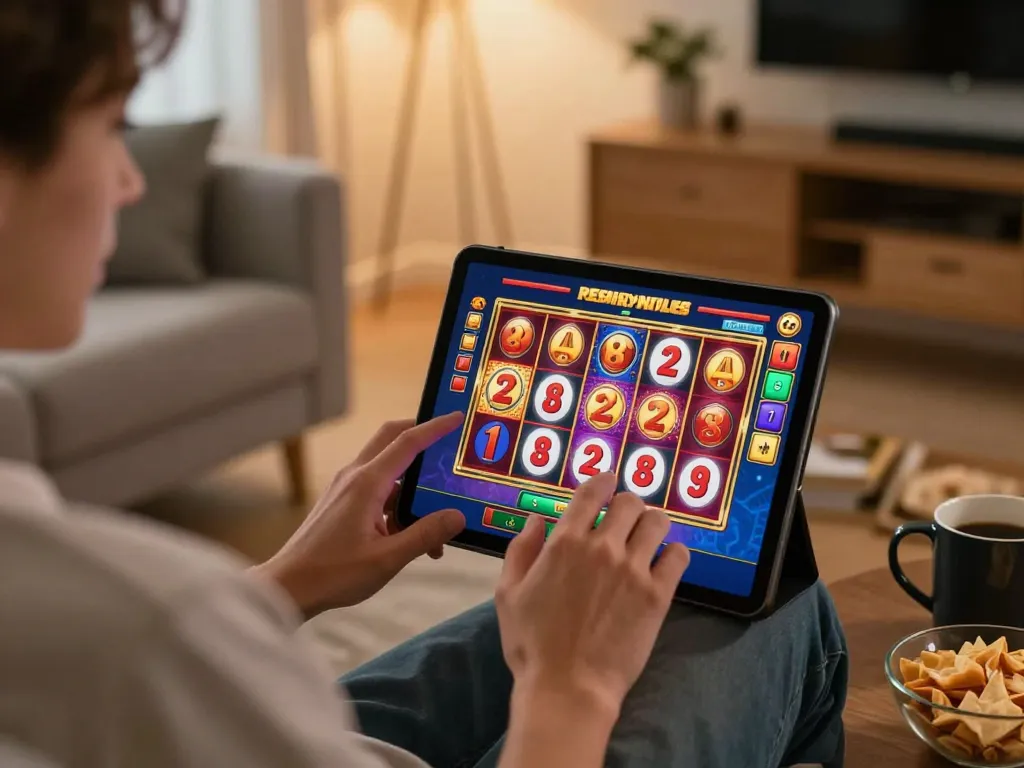 PHDREAM6268 user engaging with exciting slot games on a tablet in a cozy home environment.