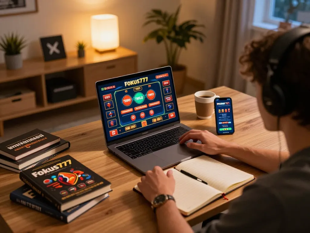 Engaging in strategic gameplay on Fokus777 with laptop, notebook, and betting strategy.