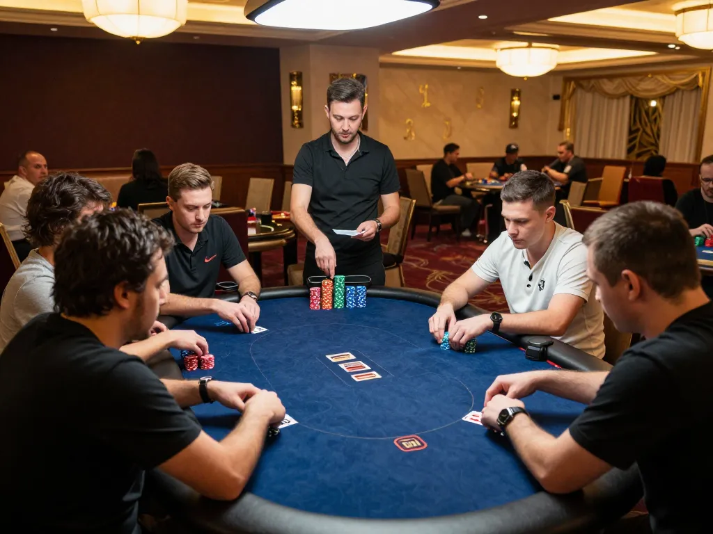 Players engaging in an exciting poker game at 23win casino with professional dealer overseeing.