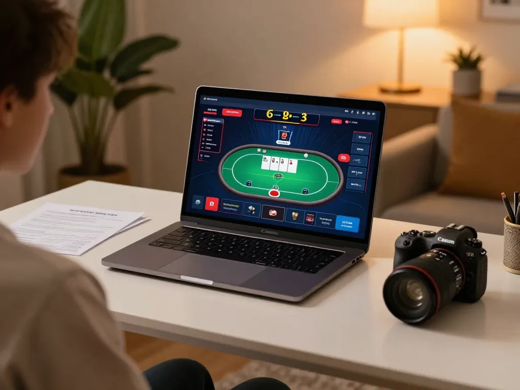 Engaging online poker gameplay with IDCASH88 displayed on sleek laptop, promoting responsible gambling.